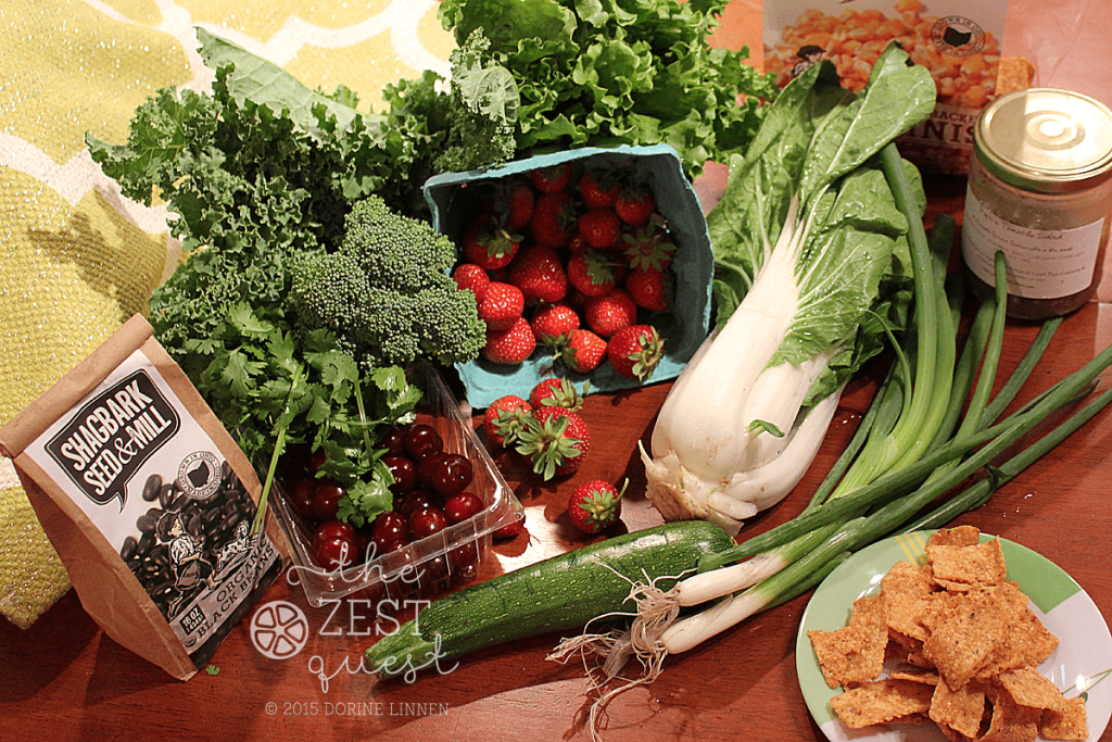 CSA-Farm-Share-2015-Week-3-Half-of-Vegan-Strawberries-Cherries-Broccoli-Zucchini-Bok-Choy-Salsa-Black-Beans-2-The-Zest-Quest