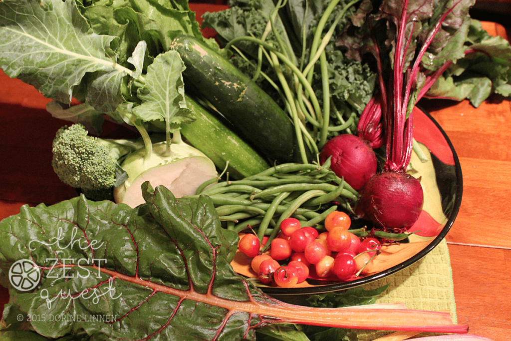 CSA-Farm-Share-2015-Week-4-Half-of-Vegan-includes-Swiss-Chard-Beets-Cherries-Kohlrabi-Cucumber-and-more-2-The-Zest-Quest