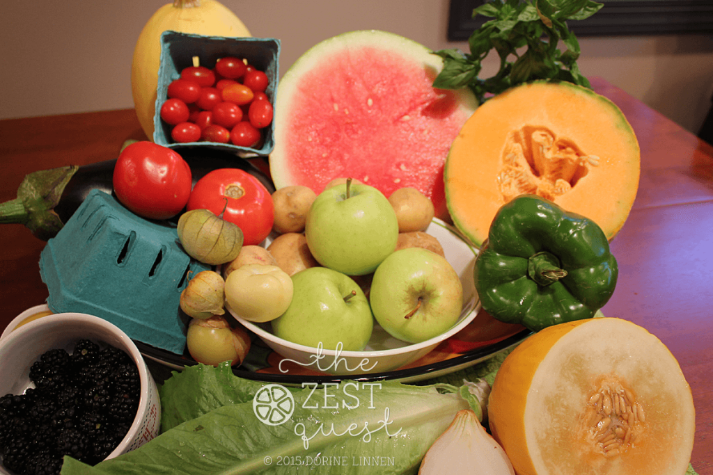 CSA-Farm-Share-Week-12-2015-Vegetarian-share-is-fruitilicious-with-melons-blackberries-and-apples-2-The-Zest-Quest