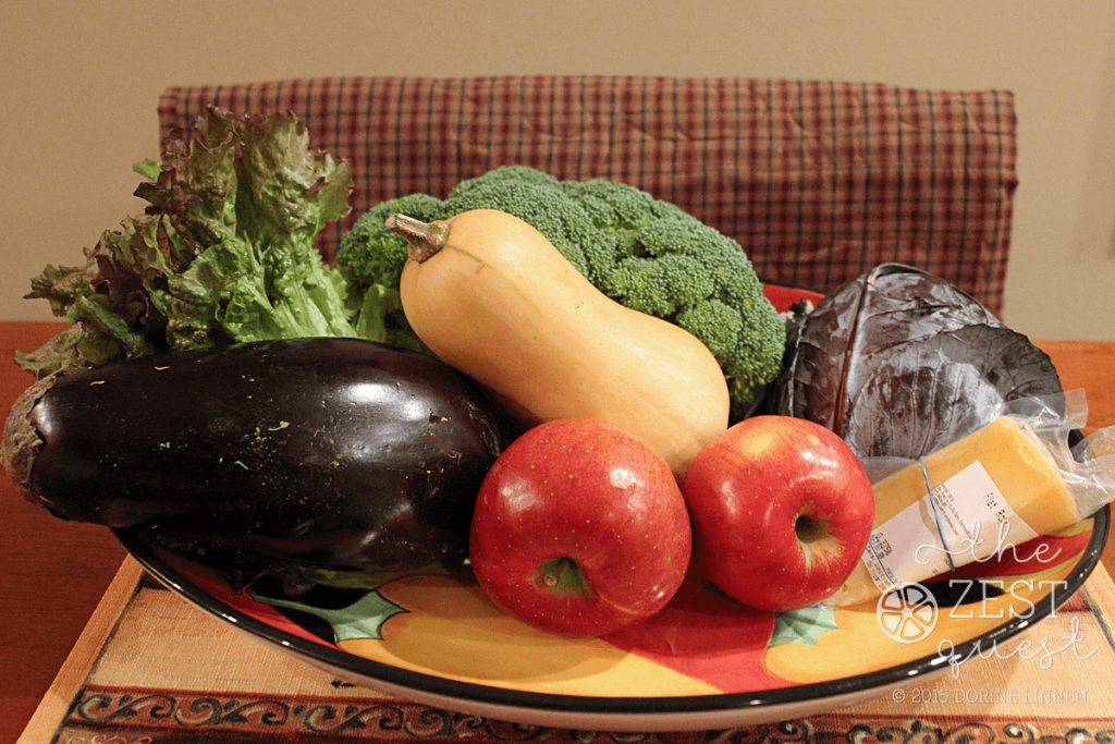 Ohio-Farm-Share-Week-22-Final-Vegetarian-Half-Share-Eggplant-Lettuce-Butternut-Squash-Broccoli-Cabbage-Apples-Flat-Rock-Cheese-2-The-Zest-Quest