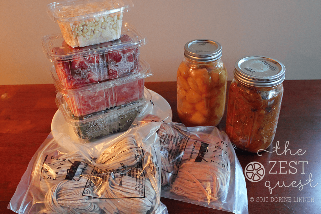 Ohio-Farm-Share-Winter-Week-8-packaged-includes-frozen-veggies-fresh-pasta-canned-ratatouille-and-peaches-2-The-Zest-Quest
