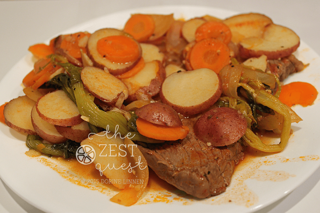 Skillet-Round-Steak-with-Vegetables-includes-red-potatoes-carrots-celery-with-leaves-onions-garlic-2-The-Zest-Quest