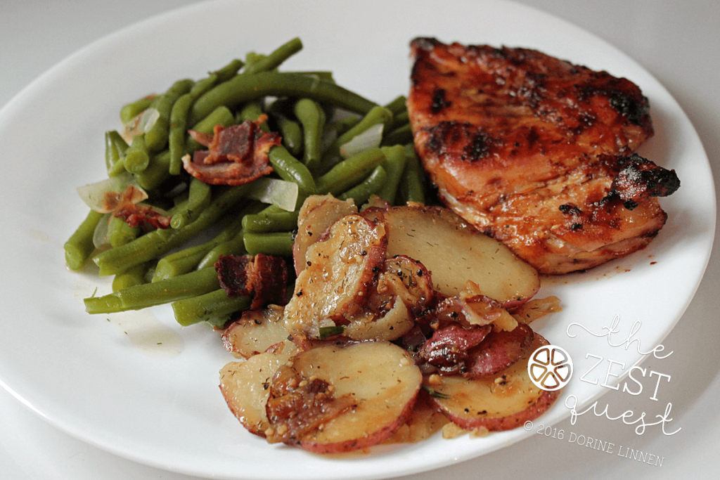 Green Beans with Bacon plus Red Potatoes with Candy Sweet Onion and Rosemary and BBQ Chicken