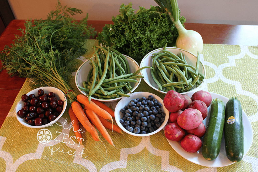 Ohio Farm Share Summer Week 7 2016 includes Green Beans red Skin Potatoes onion Zucchini Cherries Blueberries