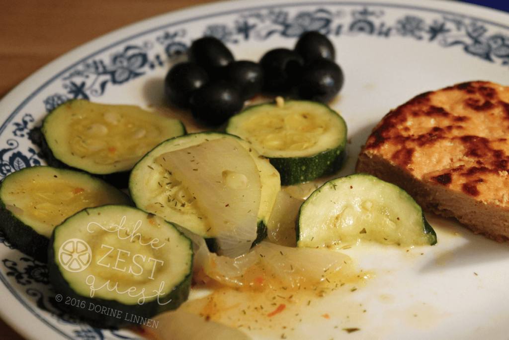 Zucchini-and-Onions-with-Salmon-patties-and-Olives-quick-dinner-2-The-Zest-Quest